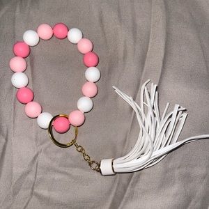 Pink and white wristlet keychain